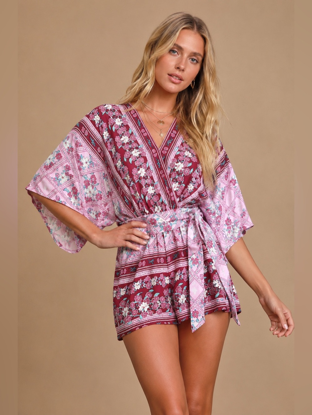 Lulus Dominica Floral Wrap Romper Kimono Sleeve Boho Festival Pink Burgundy S  A